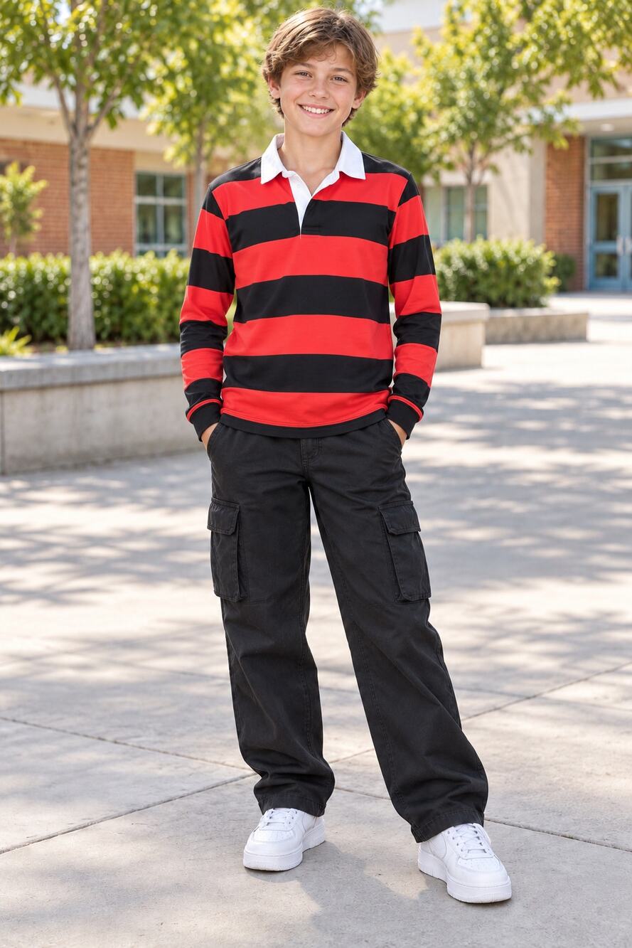 Boys Large 12/14 Red Black Striped Rugby Polo Preppy Skater Shirt